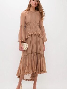 Zimmermann Taupe Tiered Chiffon Midi Dress